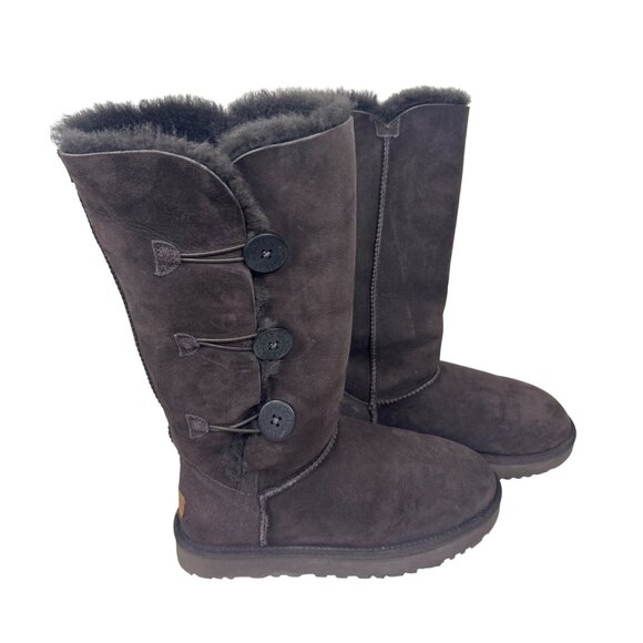 UGG Bailey Button Triplet II Tall Boots Women’s 10 Chocolate Brown Suede Fur - Picture 2 of 16